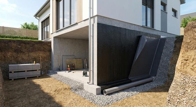 Cross-section of a house basement wall showing exterior waterproofing with bitumen coating and drainage membrane.