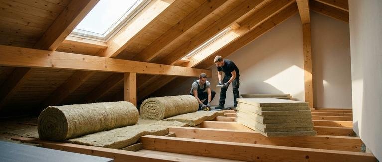 Modern attic floor being insulated with mineral wool rolls during a home energy efficiency renovation.