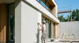 A professional craftsman applying fresh plaster to a modern house facade during a renovation project.
