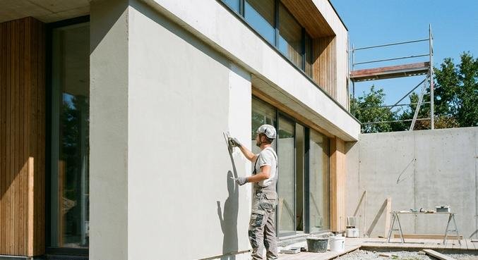 A professional craftsman applying fresh plaster to a modern house facade during a renovation project.