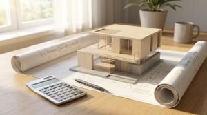 A modern house model on architectural blueprints with a calculator, symbolizing home construction cost-saving tips.