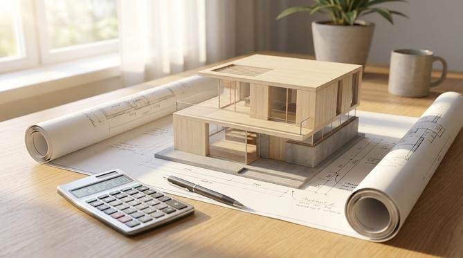 A modern house model on architectural blueprints with a calculator, symbolizing home construction cost-saving tips.