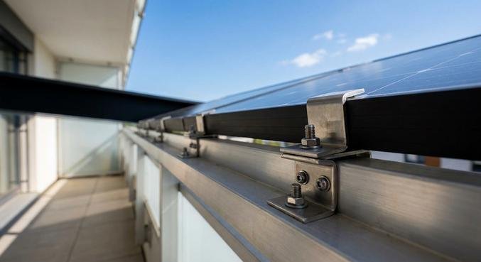 A close-up of a solar panel securely mounted to a metal balcony railing with sturdy metal brackets.