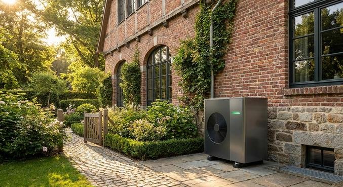 A modern heat pump unit installed outside a renovated traditional house, representing energy-efficient heating for old buildings.