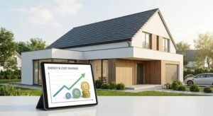 A modern house with a renovated roof and Euro symbols representing financial subsidies for roof coating in Germany.