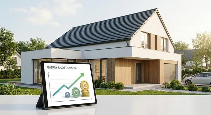 A modern house with a renovated roof and Euro symbols representing financial subsidies for roof coating in Germany.