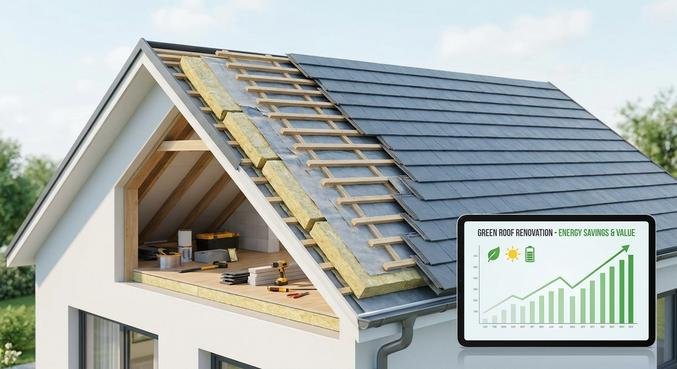 Modern roof renovation showing insulation layers and tiles with a digital display of costs and energy efficiency.