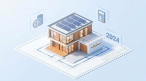 Modern 3D house model on blueprints with financial symbols, illustrating construction costs for 2024.