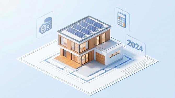 Modern 3D house model on blueprints with financial symbols, illustrating construction costs for 2024.