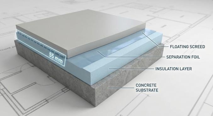 A 3D cross-section illustration of floating screed layers, including insulation and screed thickness according to DIN 18560.