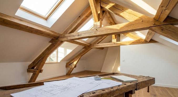 Stabile Dachbalken aus hellem Holz in einem hellen Dachgeschoss während einer professionellen Sanierung mit Bauplänen.