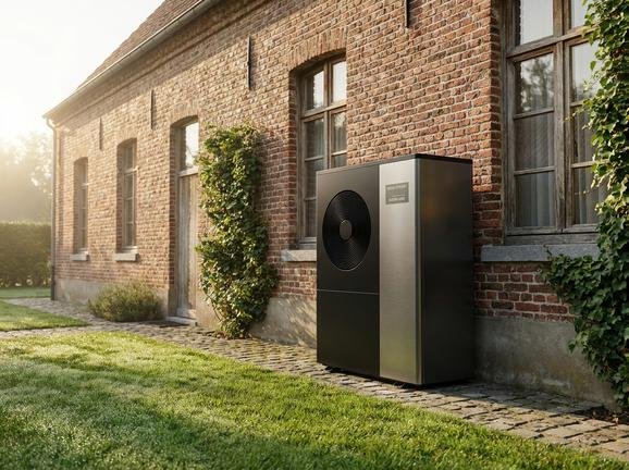 Modern air-source heat pump unit installed outside a renovated traditional brick house in a sunny garden.