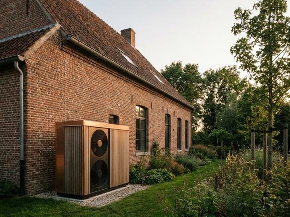 A modern air-source heat pump installed outside a renovated traditional brick house, symbolizing energy efficiency in old buildings.