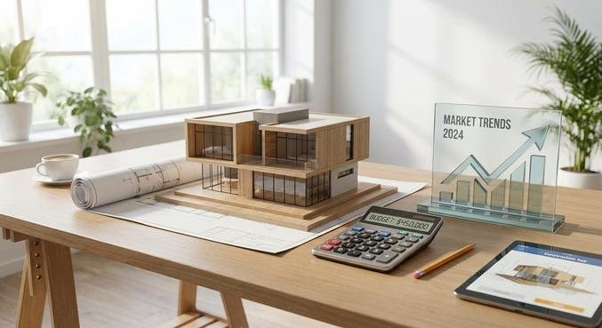 A miniature modern house model on architectural blueprints with a calculator and financial charts.