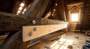 Close-up of a wooden roof beam being reinforced with side timber planks and bolts during an attic renovation.