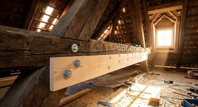 Close-up of a wooden roof beam being reinforced with side timber planks and bolts during an attic renovation.