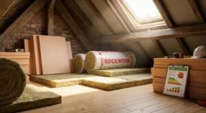 Modern attic renovation showing the installation of floor insulation boards and mineral wool for energy efficiency.