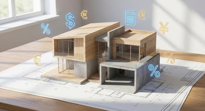 Modern house model on blueprints with a calculator, representing house construction costs and budget planning for 2024.