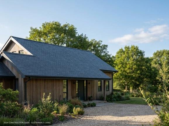 Modernes Wohnhaus mit einer neu sanierten Dachdeckung aus dunklen Ziegeln vor blauem Himmel.