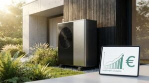 A modern air-source heat pump unit installed outside a contemporary home, representing energy efficiency and cost savings.