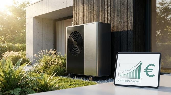 A modern air-source heat pump unit installed outside a contemporary home, representing energy efficiency and cost savings.