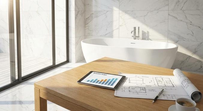 Modern renovated bathroom with blueprints and a tablet showing cost calculations for a 2024 renovation project.