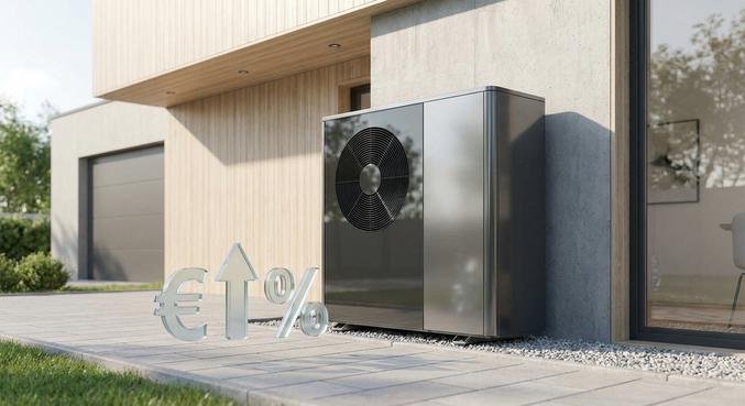 Modern air-source heat pump installed outside a contemporary home, representing energy efficiency and heating cost savings.