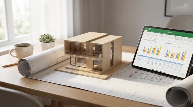 Modern house model on architectural blueprints with a digital tablet showing financial cost charts for construction.