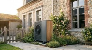 Modern air-source heat pump installed outside a traditional old building as part of an energy-efficient renovation.