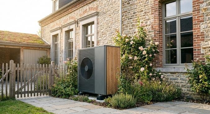 Modern air-source heat pump installed outside a traditional old building as part of an energy-efficient renovation.