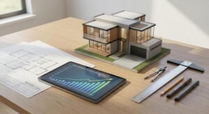 Modern house model on a desk with blueprints and a tablet showing construction cost charts for 2024.