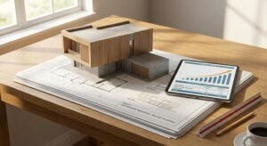 Modern house model on architectural blueprints with financial data representing 2024 construction costs.