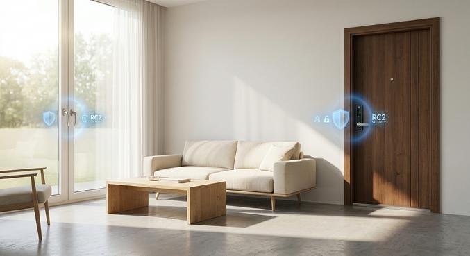 Modern window and door with highlighted security features and RC2 standard protection symbols for home safety.