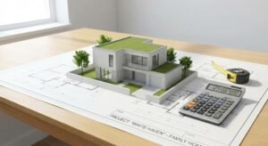 A 3D house model on blueprints with a calculator, illustrating house construction cost planning per square meter.