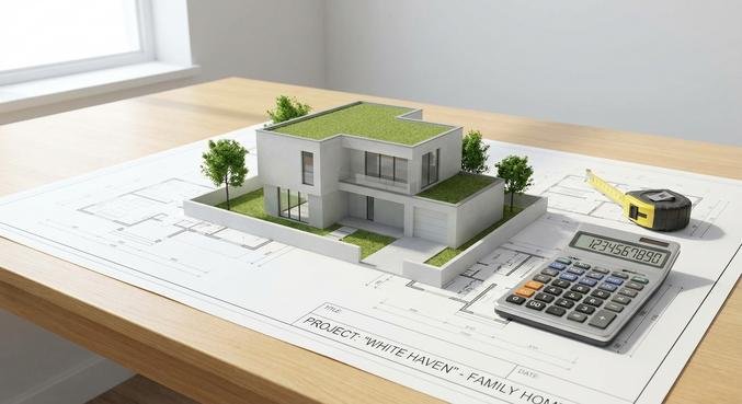 A 3D house model on blueprints with a calculator, illustrating house construction cost planning per square meter.