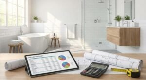 A digital tablet with budget charts and architectural plans in a modern, brightly lit bathroom setting.