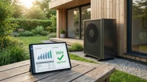 Modern air-source heat pump installed outside a contemporary home, representing 2024 heating costs and subsidies.
