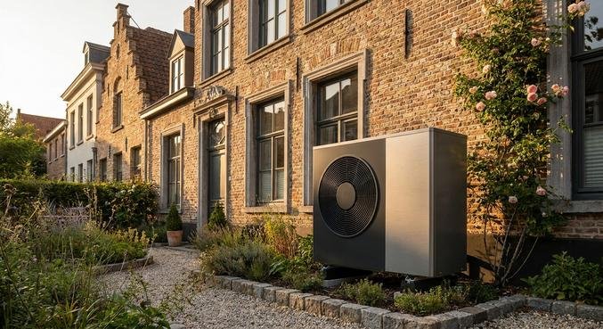 Modern air-source heat pump unit installed outside a charming, renovated traditional European brick house.