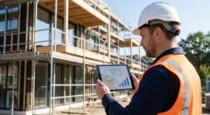 A professional construction expert inspecting a modern building site with a tablet, representing cost-effective construction supervision.