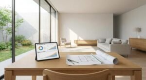 A modern house blueprint and a tablet with financial charts on a desk, representing construction budget planning.