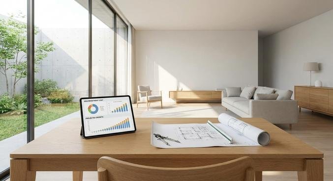 A modern house blueprint and a tablet with financial charts on a desk, representing construction budget planning.