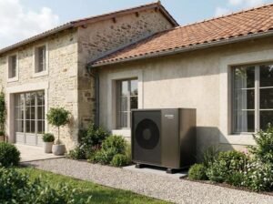 Modern air-source heat pump unit installed outside a charming, renovated older residential building.