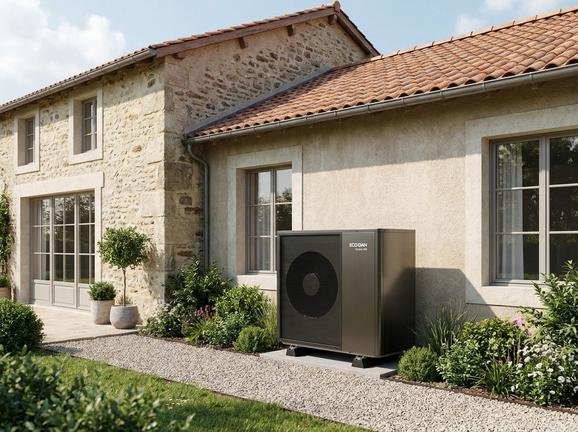 Modern air-source heat pump unit installed outside a charming, renovated older residential building.