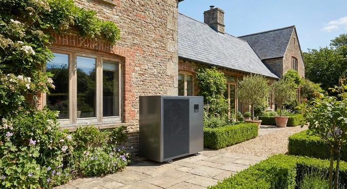 A modern air-source heat pump installed outside a renovated traditional brick house on a sunny day.