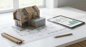 A modern architectural house model on a blueprint with a calculator and ruler, representing 2024 building costs.