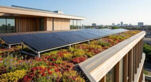 Modern photovoltaic panels installed on a lush green rooftop with diverse vegetation and bright sunlight.