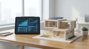 Modern house model on a desk with financial charts, illustrating house construction costs and KfW funding for 2024.