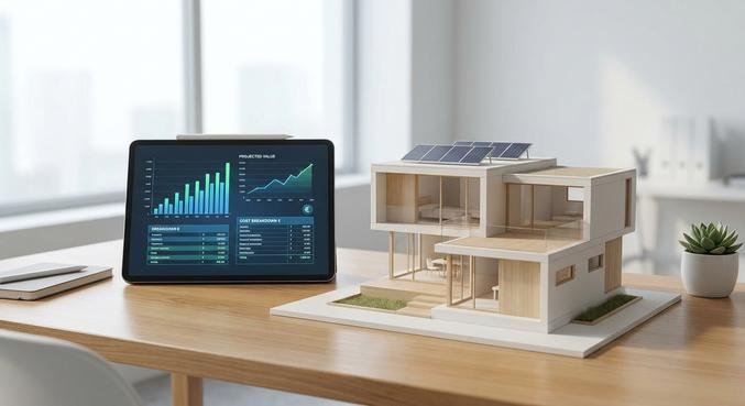 Modern house model on a desk with financial charts, illustrating house construction costs and KfW funding for 2024.