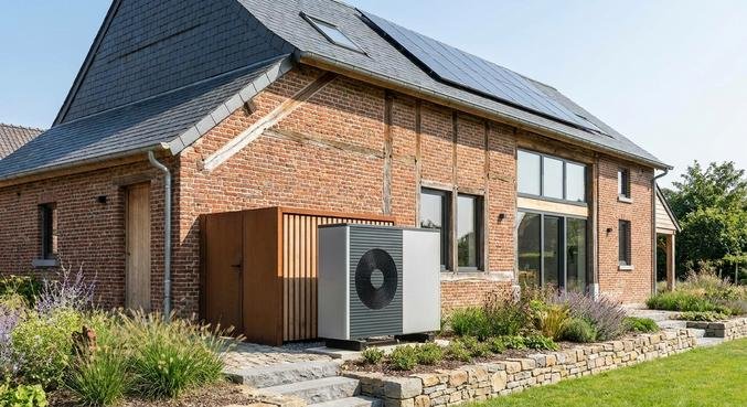 Modern air-source heat pump unit installed outside a classic renovated European residential building.