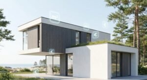 Modern house architectural model with digital icons representing square meters and currency for 2024 construction cost analysis.